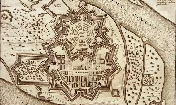 Stadt und Zitadelle Mannheim, Kupferstich von Matthäus Merian, 1. H. 17. Jahrhundert