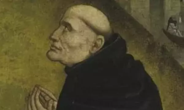 Detailbild des knienden Bernhards von Clairvaux aus der „Bernhardsminne“, Tafelbild in Kloster Bebenhausen, um 1485