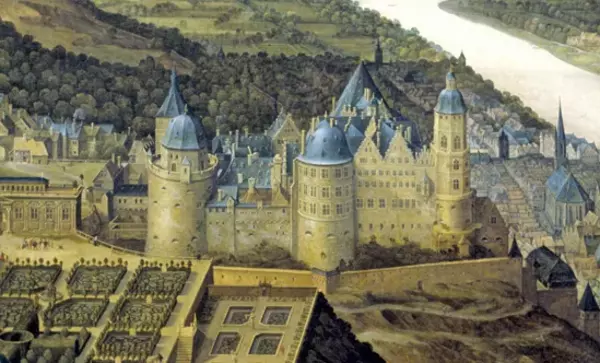 Ausschnitt aus dem Gemälde von Schloss Heidelberg mit dem Hortus Palatinus, Jacques Fouquières, Öl auf Leinwand, 1620